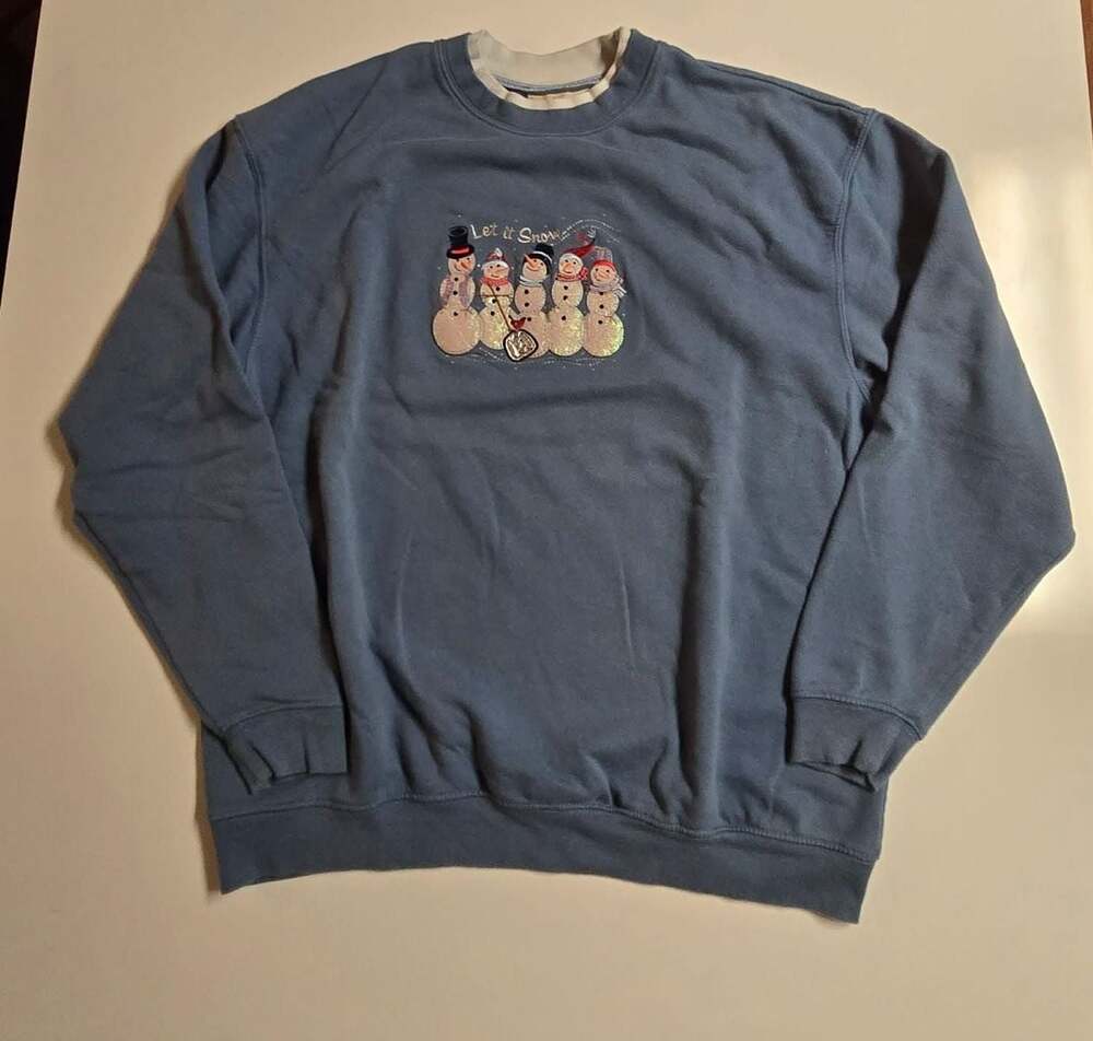 M&C Sportswear Let It Snow Embroidered Snowman Blue Christmas Sweatshirt